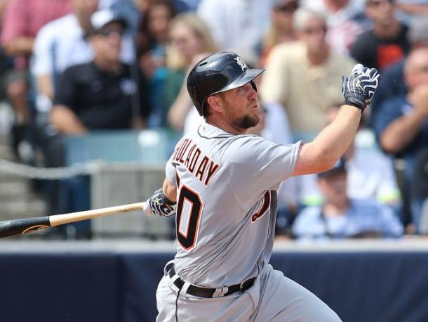 Detroit Tigers Bryan Holaday #50 hits a second inning grand slam during the Spring Training Game against the New York Yankees. (Leon Halip, Getty Images)