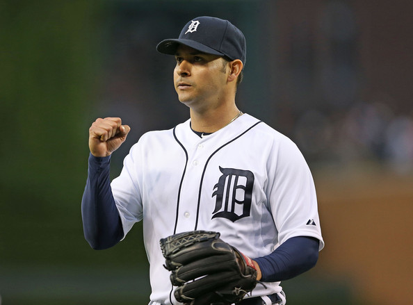 ​ Anibal Sanchez #19 of the Detroit Tigers gives the fans a fist pump after the end of the fourth inning of the game against the Texas Rangers. (May 22, 2014 - Source: Leon Halip/Getty Images North America) Click and drag to move ​