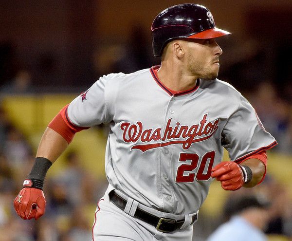 Ian Desmond #20 of the Washington Nationals watches his second home run of the game to take a 8-0 lead over the Los Angeles Dodgers. (Aug. 9, 2015 - Source: Harry How/Getty Images North America)