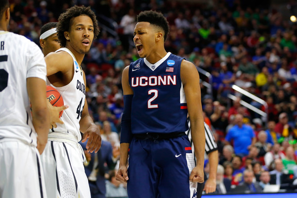 Jalen Adams #2 of the Connecticut Huskies reacts after a steal in the second half against the Colorado Buffaloes during the first round of the 2016 NCAA Men's Basketball Tournament at Wells Fargo Arena on March 17, 2016 in Des Moines, Iowa. (March 16, 2016 - Source: Kevin Cox/Getty Images North America)