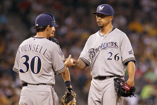 Kyle Lohse #26 of the Milwaukee Brewers is taken out of the game in the seventh inning by manager Craig Counsell #30 during the game against the Pittsburgh Pirates at PNC Park on June 10, 2015 in Pittsburgh, Pennsylvania. (June 9, 2015 - Source: Justin K. Aller/Getty Images North America) 