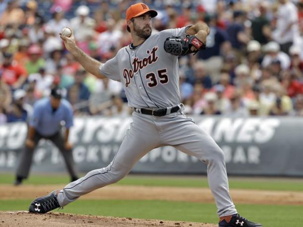 Detroit Tigers starting pitcher Justin Verlander throws to the Philadelphia Phillies during the first inning of a spring training baseball game Saturday, March 26, 2016, in Clearwater, Fla.  Chris O'Meara, Associated Press