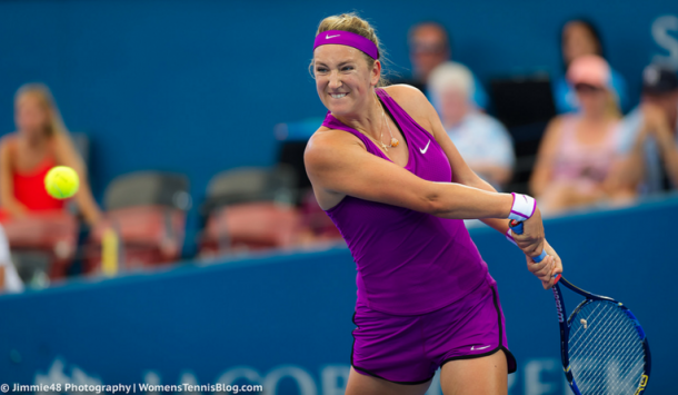 Victoria Azarenka returning a serve during the 2016 Brisbane International | Photo: Jimmie48 Tennis Photography