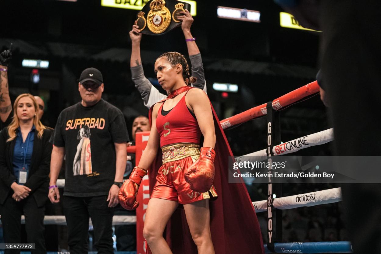 SAN ANTONIO, TEXAS - DECEMBER 18: Seniesa Estrada gets ready to fight Maria Santizo on December 18, 2021 in San Antonio, Texas. (Photo by Kevin Estrada/Golden Boy/Getty Images)