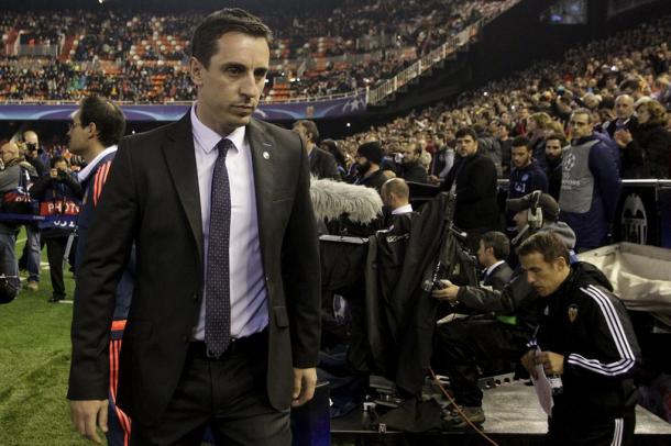 Gary Neville pictured after Valencia crashed out of the Champions League (photo: getty)