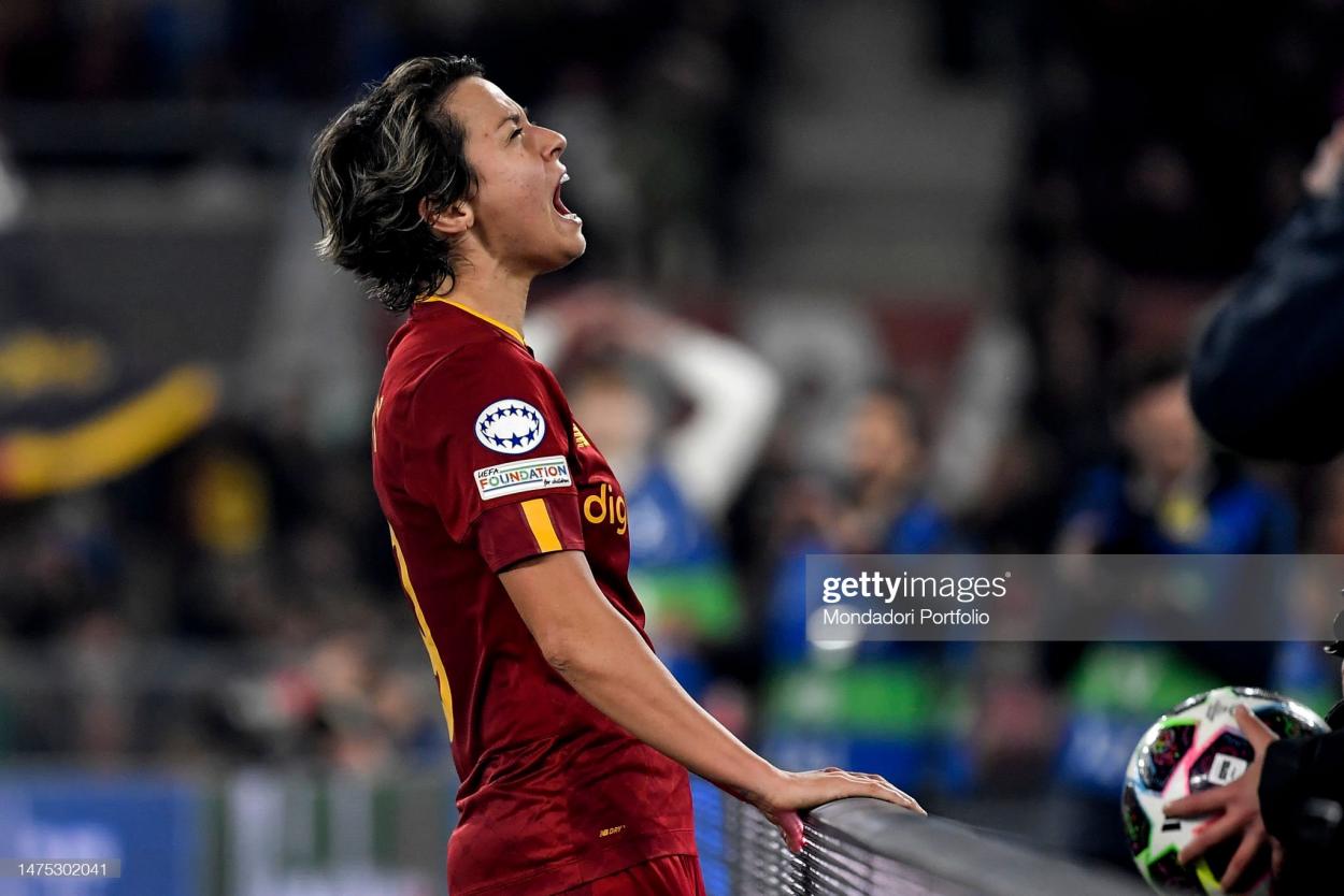 Valentina Giacinti of AS Roma screams after missing a goal during the Women Uefa Champions League quarter finals football match between AS Roma and FCB Barcelona at stadio Olimpico. Rome (Italy), March 21th, 2023. (Photo by Elianto/Mondadori Portfolio via Getty Images)