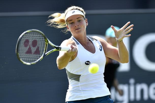 Coco Vandeweghe crushes a forehand in an earlier match. Photo: Ricoh Open