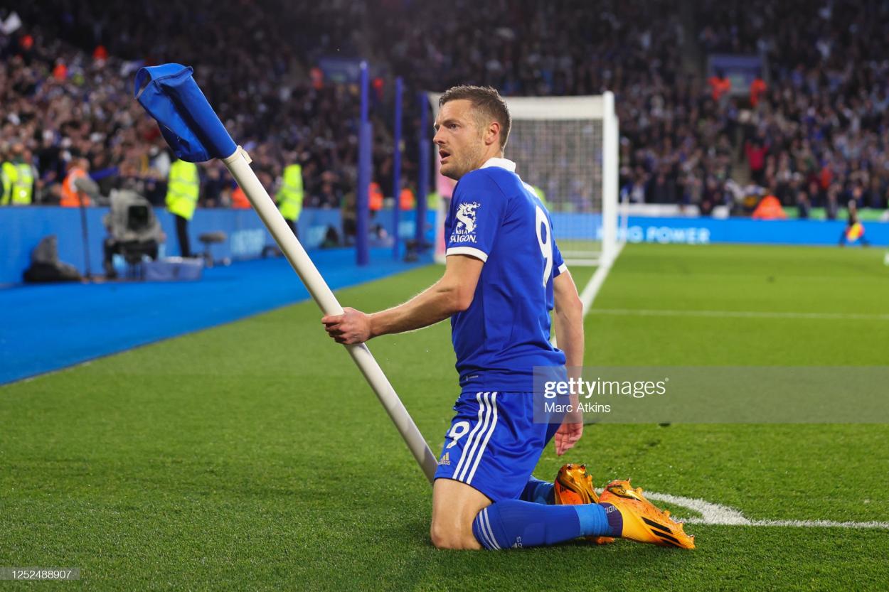 Vardy celebrating his goal - (Photo by Mark Atkins/Getty Images)