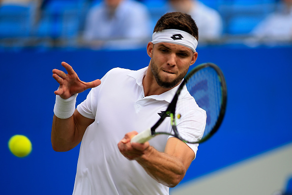 Jiri Vesely hits a forehand during his second round loss in London. Photo: Ben Hoskins/Getty Images