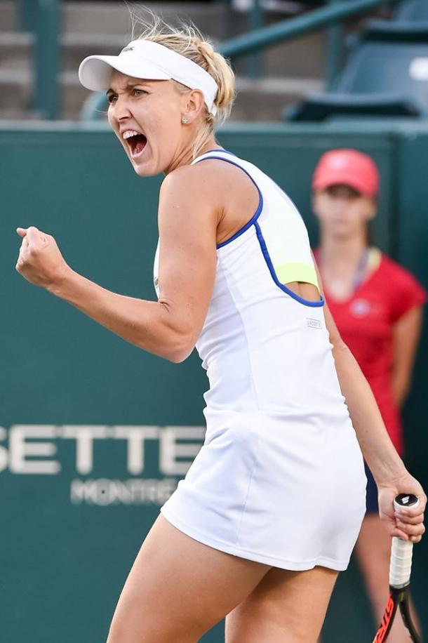 Elena Vesnina pumps her fist during her victory. Photo: Volvo Car Open