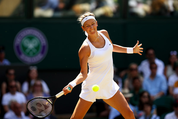 Victoria Azarenka hits a forehand at the Wimbledon Championships | Photo: Michael Steele/Getty Images Europe