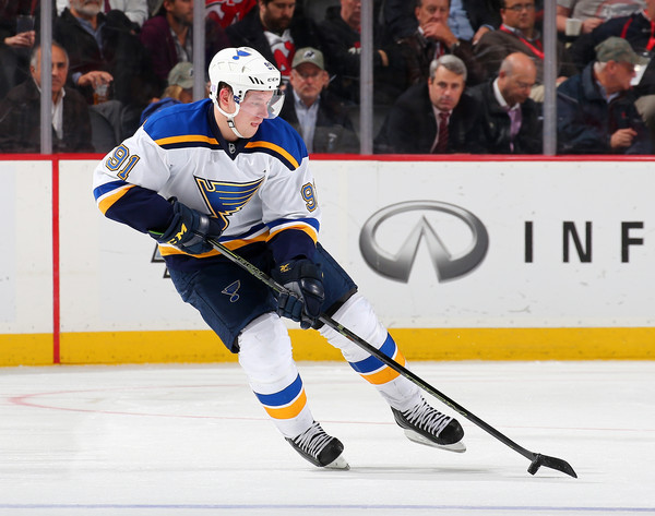Vladimir Tarasenko #91 of the St. Louis Blues takes the puck in the third period against the New Jersey Devils on November 10, 2015 at the Prudential Center in Newark, New Jersey.The St. Louis Blues defeated the New Jersey Devils 2-0. (Nov. 9, 2015 - Source: Elsa/Getty Images North America)
