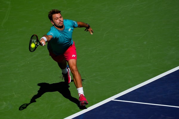 Stan Wawrinka lunges for a forehand during the Indian Wells final. Photo: Alex Goodlett/Getty Images