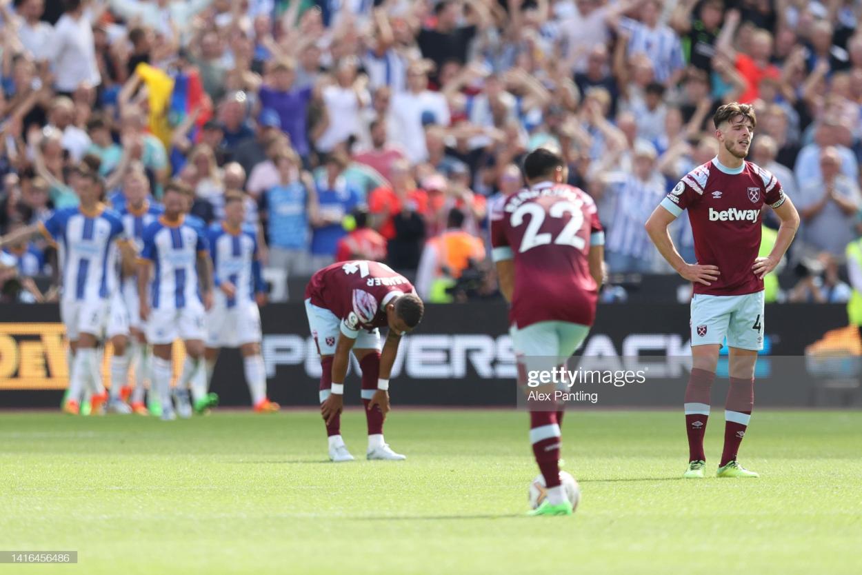 LONDON, ENGLAND - AUGUST 21: Players of West Ham United reacts after <strong><a  data-cke-saved-href='https://www.vavel.com/en/football/2022/04/19/manchester-city/1108968-manchester-city-vs-brightonhove-albion-preview-how-to-watch-kick-off-time-team-news-predicted-lineupsones-to-watch.html' href='https://www.vavel.com/en/football/2022/04/19/manchester-city/1108968-manchester-city-vs-brightonhove-albion-preview-how-to-watch-kick-off-time-team-news-predicted-lineupsones-to-watch.html'>Leandro Trossard</a></strong> of Brighton & Hove Albion ( not pictured ) scores their side's third goal during the Premier League match between West Ham United and Brighton & Hove Albion at <strong><a  data-cke-saved-href='https://www.vavel.com/en/football/2022/08/07/premier-league/1119214-4-things-we-learned-from-west-ham-0-2-manchester-city.html' href='https://www.vavel.com/en/football/2022/08/07/premier-league/1119214-4-things-we-learned-from-west-ham-0-2-manchester-city.html'>London Stadium</a></strong> on August 21, 2022 in London, England. (Photo by Alex Pantling/Getty Images)