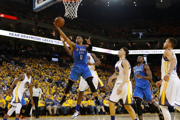 Russell Westbrook has been lethal all year, but pretty out of control of late. Credit: Christian Petersen/Getty Images North America