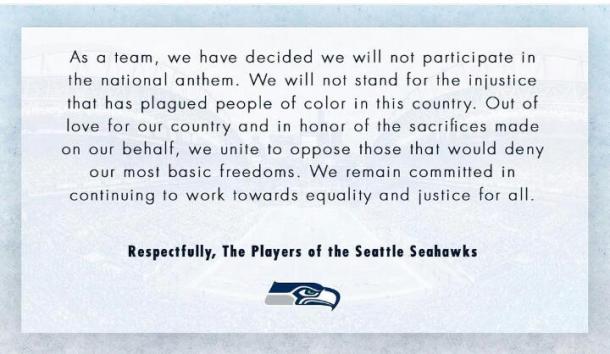 Declaraciones de Seattle, explicando que no entonarán el himno / Foto: Instagram
