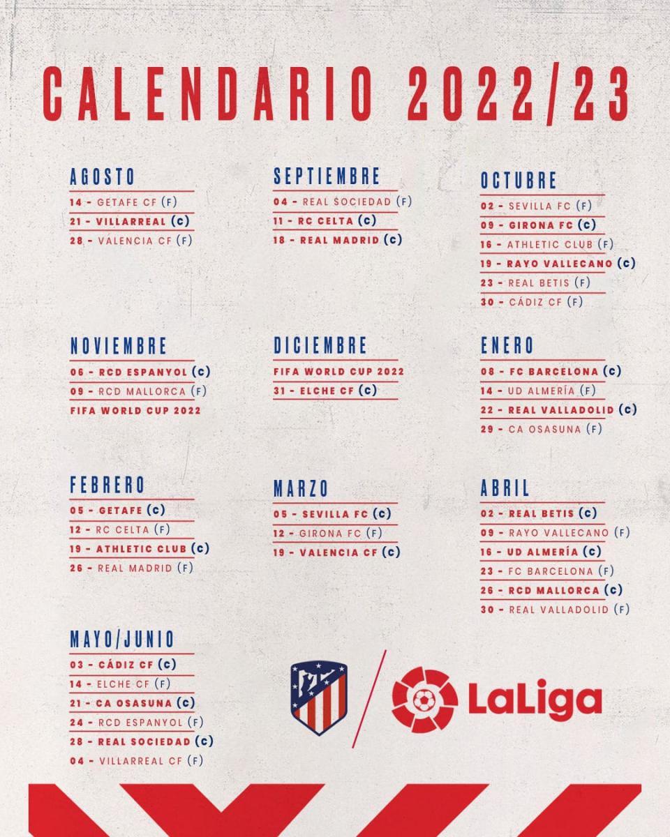 Calendario del Atleti para la 22/23 | Foto: Atlético de Madrid
