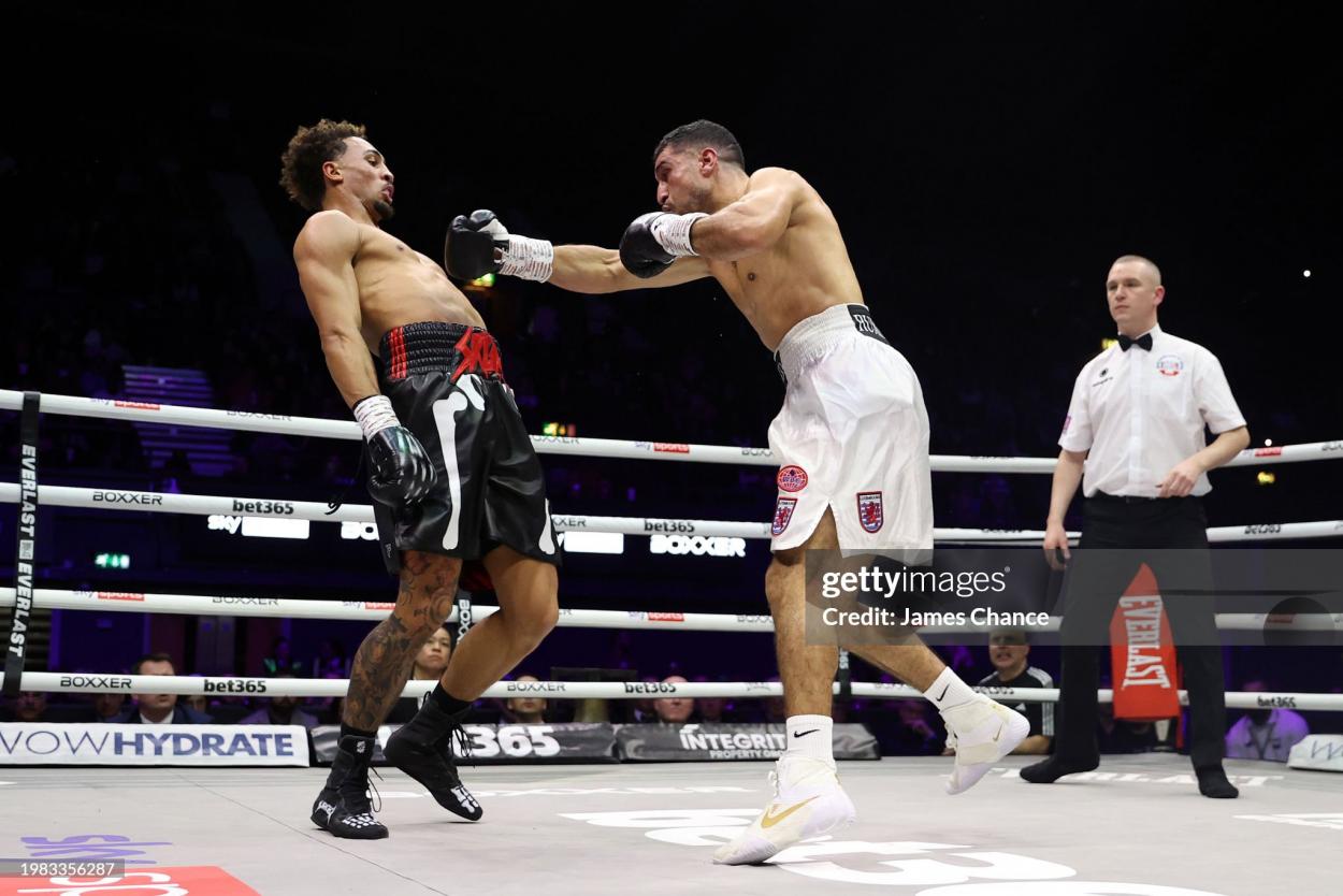 LONDON, ENGLAND - FEBRUARY 03: Ben Whittaker dodges the punch of Khalid Graidia during the Light Heavyweight fight between Ben Whittaker and Khalid Graidia at OVO Arena Wembley on February 03, 2024 in London, England. (Photo by James Chance/Getty Images)