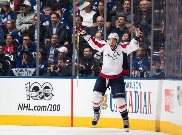 Tom Wilson celebrates one of his two first period goals. Photo: Mark Blinch/Getty Images