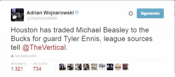 Tuit en el que Adrian Wojnarowsky confirma el trasaso entre Houston Rockets y Milwaukee Bucks. Foto: Web oficial de Twitter.