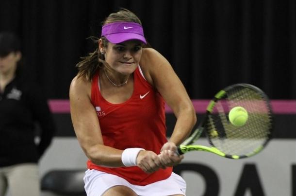 Aleksandra Wozniak during Canada's first round loss in February. Photo: Fed Cup