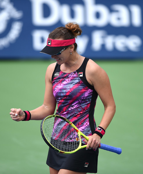 Yaroslava Shvedova celebrates after winning a point during her first-round match against Monica Puig at the 2017 Dubai Duty-Free Tennis Championships. | Photo: Tom Dulat/Getty Images