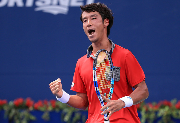 Yuichi Sugita reacts to winning the opening set against Grigor Dimitrov at the Rogers Cup/Photo: Vaughn Ridley/Getty Images