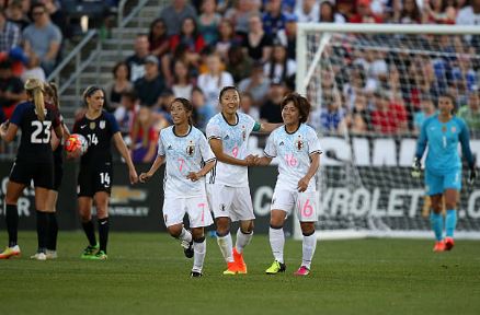 Yuki Nagasato (center - #9) celebrates after scoring on the USWNT during a friendly in June of 2016 | Source: Doug Pensinger - Getty Images 