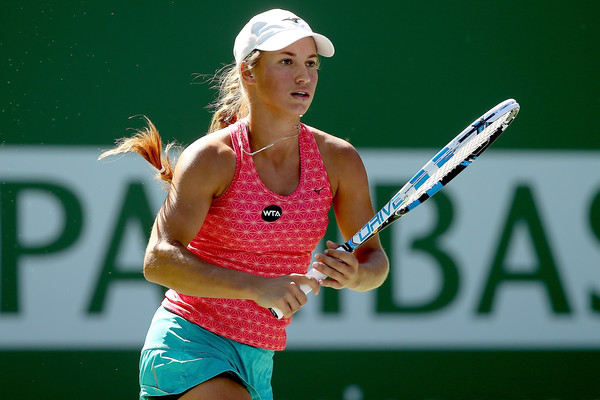 Yulia Putintseva prepares to hit a shot at the BNP Paribas Open in Indian Wells/Getty Images: Matthew Stockman