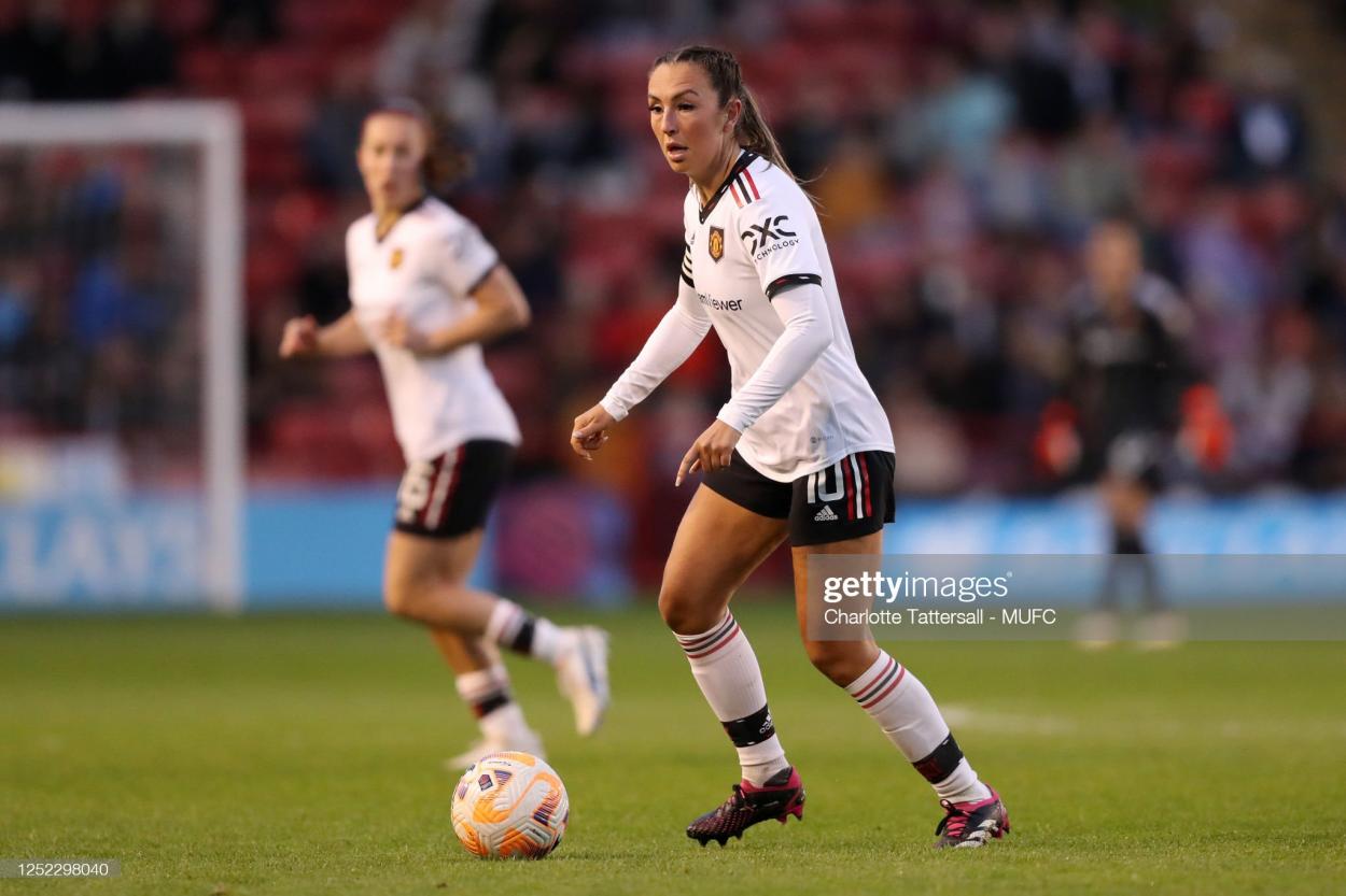 Katie Zelem of <strong><a  data-cke-saved-href='https://www.vavel.com/en/football/2023/05/08/premier-league/1146223-roberto-de-zerbi-has-expressed-brighton-are-not-ready-yet-tocompete-after-being-stunned-by-everton.html' href='https://www.vavel.com/en/football/2023/05/08/premier-league/1146223-roberto-de-zerbi-has-expressed-brighton-are-not-ready-yet-tocompete-after-being-stunned-by-everton.html'>Manchester United</a></strong> in action during the FA Women's Super League match between Aston Villa and <strong><a  data-cke-saved-href='https://www.vavel.com/en/football/2023/05/08/premier-league/1146223-roberto-de-zerbi-has-expressed-brighton-are-not-ready-yet-tocompete-after-being-stunned-by-everton.html' href='https://www.vavel.com/en/football/2023/05/08/premier-league/1146223-roberto-de-zerbi-has-expressed-brighton-are-not-ready-yet-tocompete-after-being-stunned-by-everton.html'>Manchester United</a></strong> at Poundland Bescot Stadium on April 28, 2023 in Walsall, United Kingdom. (Photo by Charlotte Tattersall - MUFC/<strong><a  data-cke-saved-href='https://www.vavel.com/en/football/2023/05/08/premier-league/1146223-roberto-de-zerbi-has-expressed-brighton-are-not-ready-yet-tocompete-after-being-stunned-by-everton.html' href='https://www.vavel.com/en/football/2023/05/08/premier-league/1146223-roberto-de-zerbi-has-expressed-brighton-are-not-ready-yet-tocompete-after-being-stunned-by-everton.html'>Manchester United</a></strong> via Getty Images)