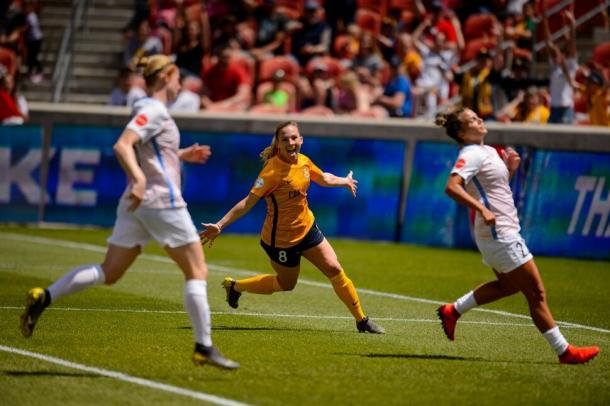 Amy Rodriguez celebrates scoring the opening goal | Source: Trent Nelson- The Salt Lake Tribune