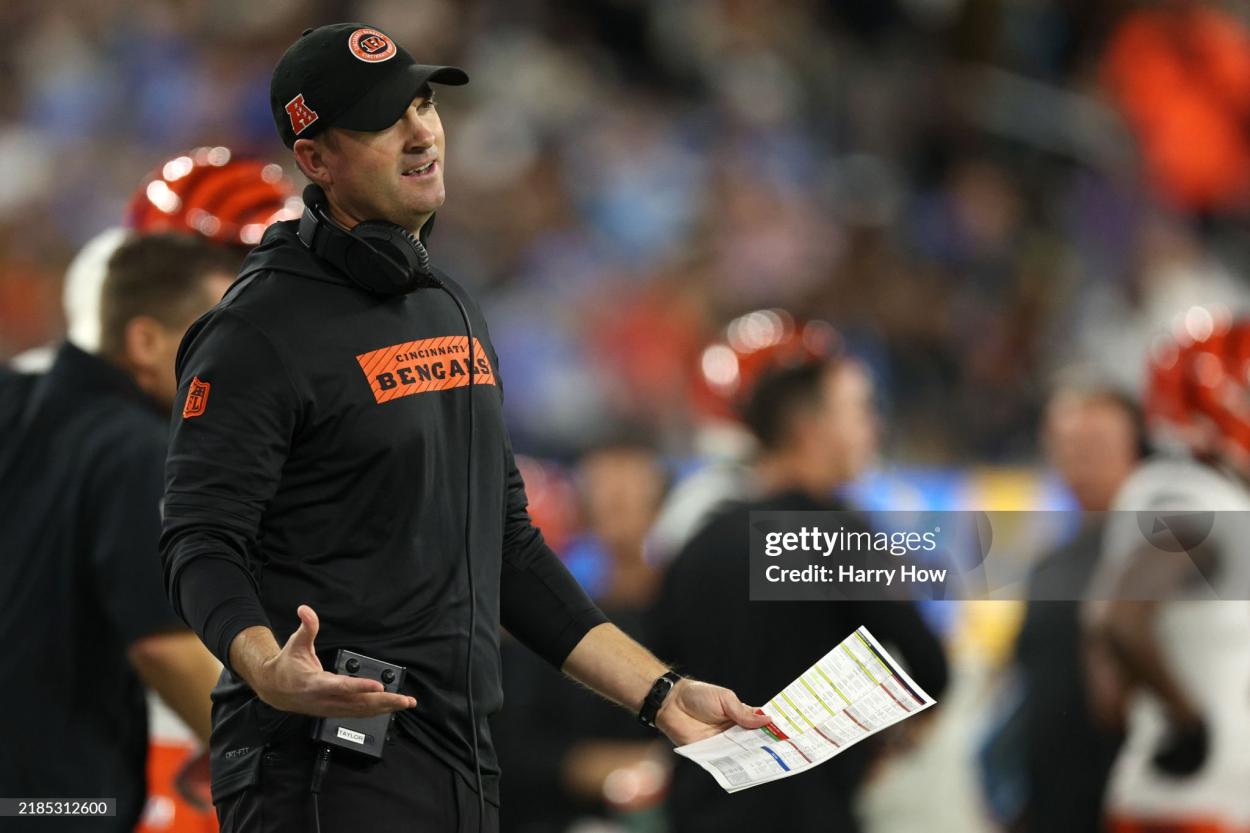 Head coach Zac Taylor reacts on the sideline during defeat to the Los Angeles Chargers. Photo by Harry How/Getty Images