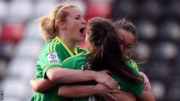 Sunderland Ladies celebrating their goal to level the score | photo source: BBC Sport