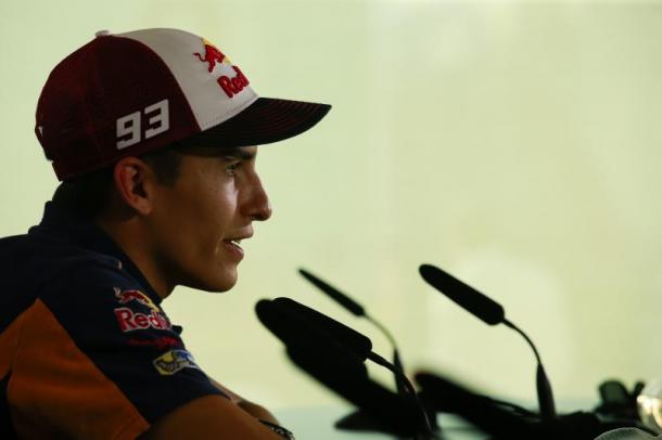 Marquez discussing technicalities at the pre-race press conference at Misano - www.motogp.com