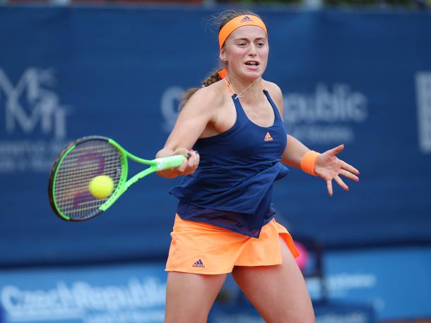 Jelena Ostapenko hits a forehand | Photo: J&T Banka Prague Open