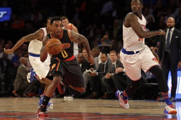 Jeff Teague (#0) dribbles up the court in Madison Square Garden in a game against the New York Knicks (Adam Hunger/USA Today Sports)