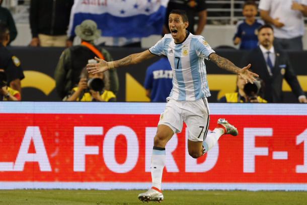 Di Maria celebrates opening the scoring. (Source: @soccerdotcom)