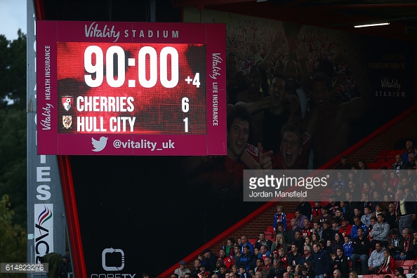 The scoreboard at a jubilant Vitality Stadium as the demolition of Hull draws to a close | Photo: GettyImages/Jordan Mansfield