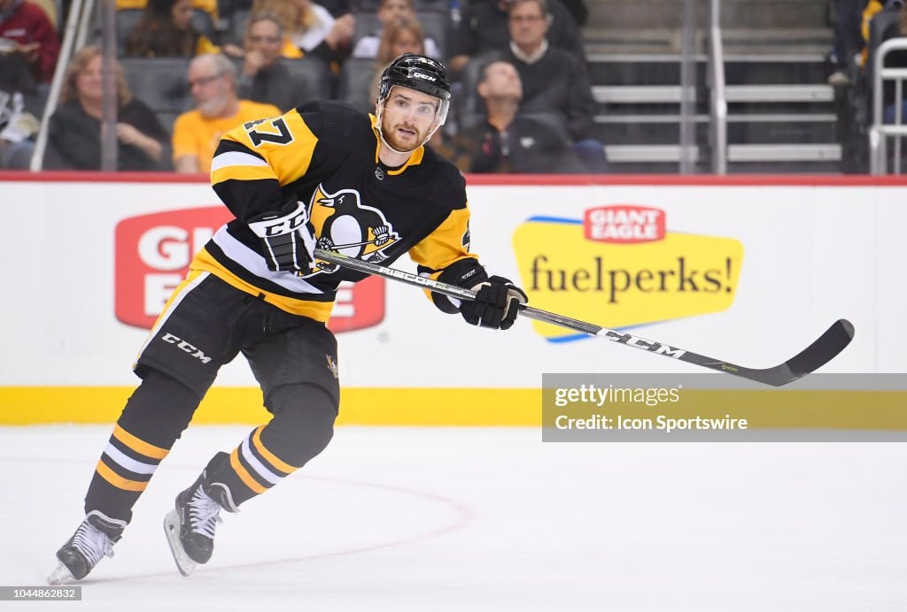 Pittsburgh Penguins center Adam Johnson (47) skates during the first period in the preseason game between the Pittsburgh Penguins and the Columbus Blue Jackets on September 22, 2018, at PPG Paints Arena in Pittsburgh, PA. (Photo by Jeanine Leech/Icon Sportswire via Getty Images)
