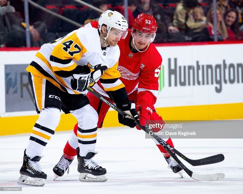Taro Hirose #53 of the Detroit Red Wings battles for position with Adam Johnson #47 of the Pittsburgh Penguins during an NHL game at Little Caesars Arena on April 2, 2019 in Detroit, Michigan. Detroit defeated Pittsburgh 4-1. (Photo by Dave Reginek/NHLI via Getty Images)