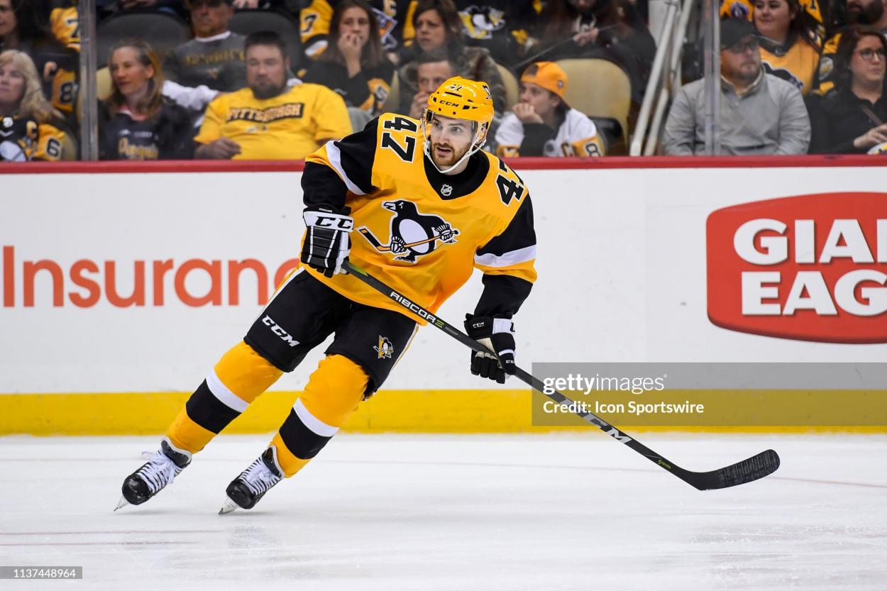 Pittsburgh Penguins Left Wing Adam Johnson (47) skates during the third period in the NHL game between the Pittsburgh Penguins and the Nashville Predators on March 29, 2019, at PPG Paints Arena in Pittsburgh, PA. (Photo by Jeanine Leech/Icon Sportswire via Getty Images)