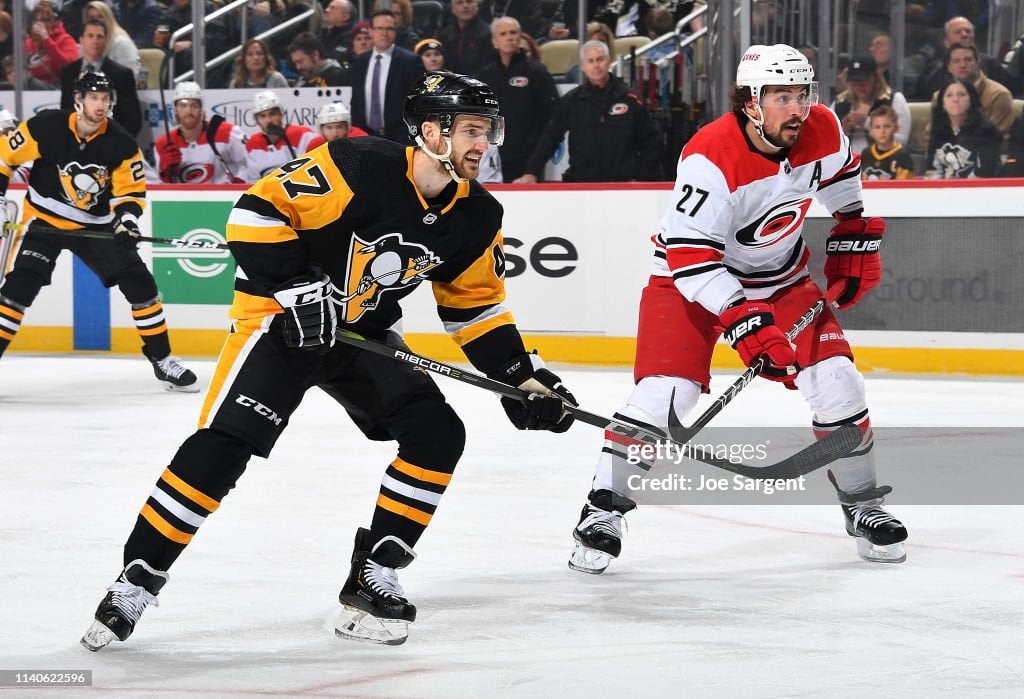 Adam Johnson #47 of the Pittsburgh Penguins skates against the Carolina Hurricanes at PPG Paints Arena on March 31, 2019 in Pittsburgh, Pennsylvania. (Photo by Joe Sargent/NHLI via Getty Images)