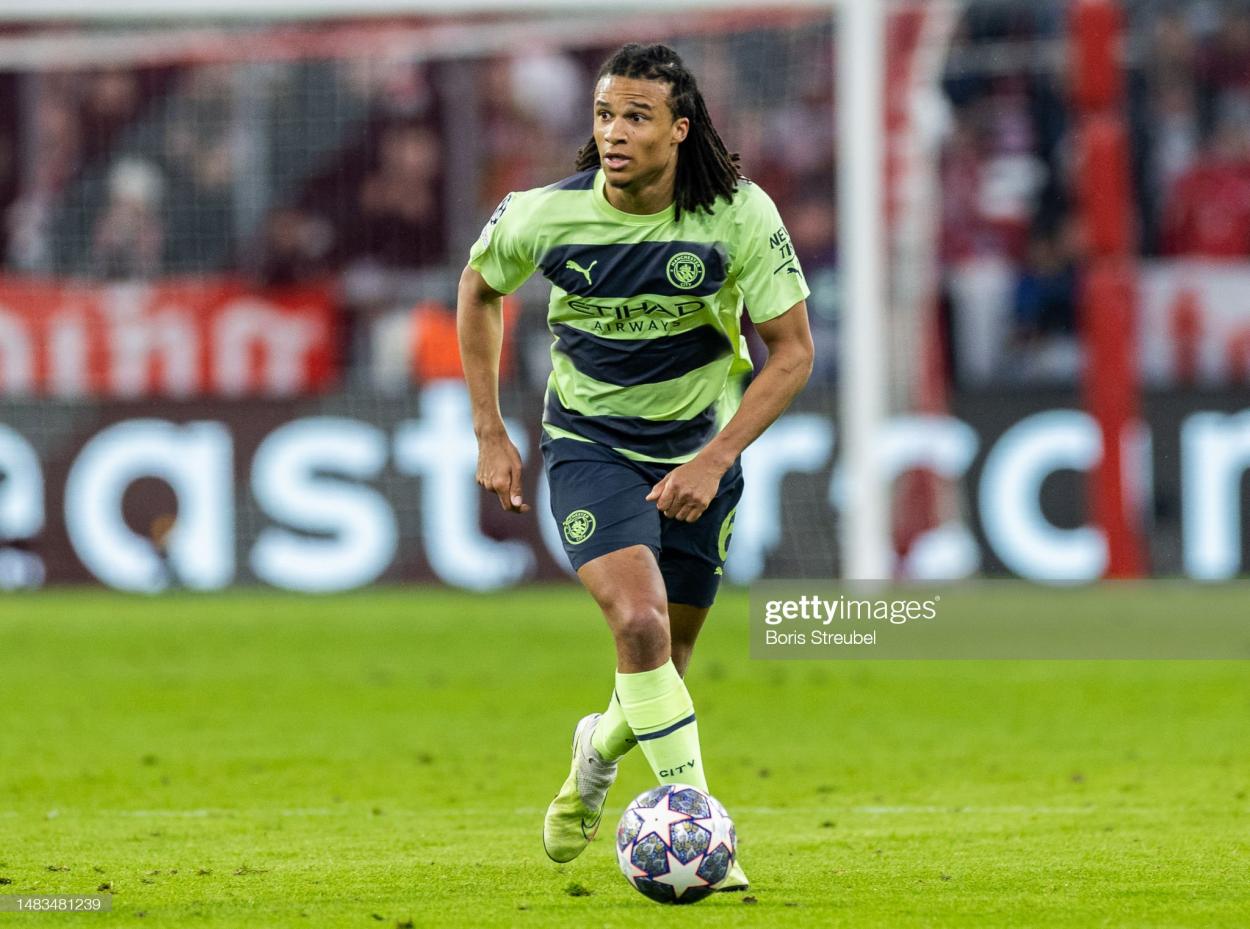 Nathan Ake of Manchester City during the UEFA Champions League quarter final on April 19, 2023. (Photo by Boris Streubel/Getty Images)
