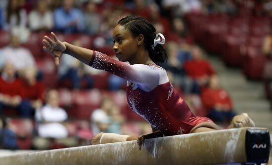 Aja Simms performs on the balance beam for Alabama against LSU in Tuscaloosa Pic:/Alabama Sports