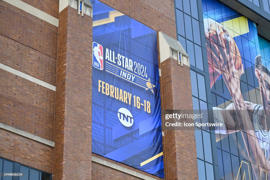 2024 NBA All-Star game signage displayed on the side of Lucas Oil Stadium prior to the 2024 NBA All-Star Saturday Night Skills, 3-Point and Slam Dunk contests at Lucas Oil Stadium on February 10, 2024 in Indianapolis, IN. (Photo by James Black/Icon Sportswire via Getty Images)