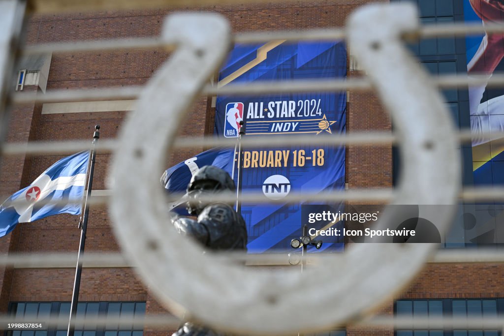  2024 NBA All-Star game signage displayed on the side of Lucas Oil Stadium prior to the 2024 NBA All-Star Saturday Night Skills, 3-Point and Slam Dunk contests at Lucas Oil Stadium on February 10, 2024 in Indianapolis, IN. (Photo by James Black/Icon Sportswire via Getty Images)