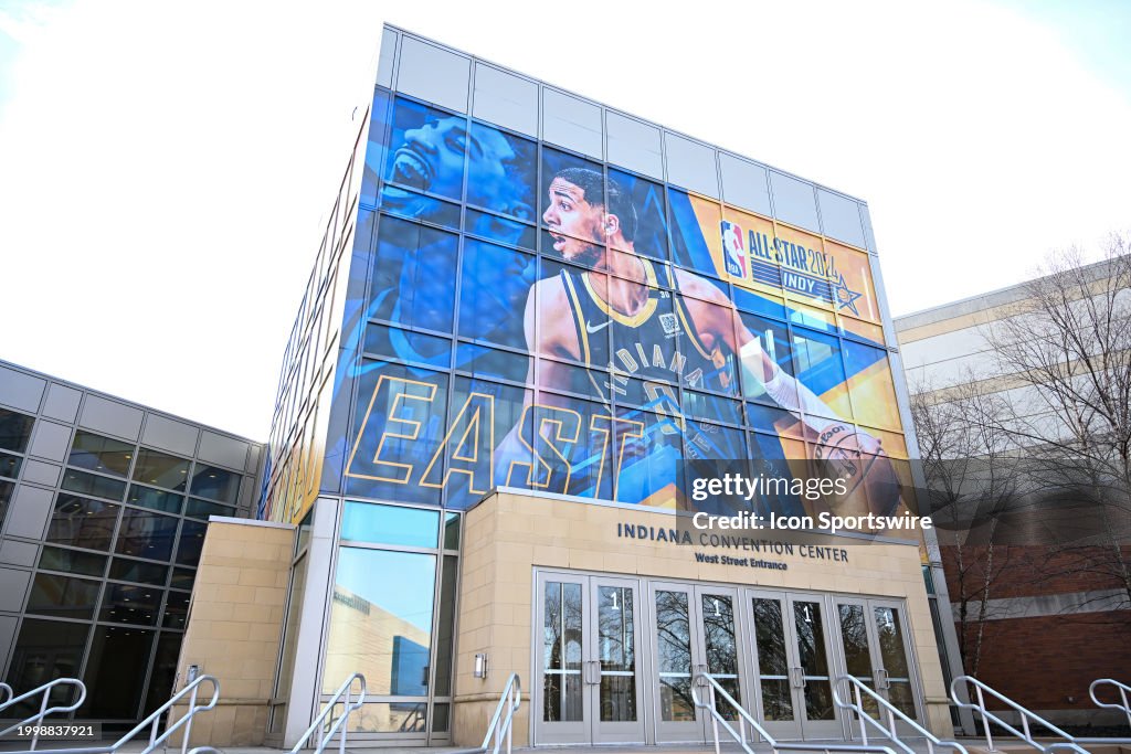  2024 NBA All-Star game signage featuring Indiana Pacers point guard Tyrese Haliburton (0) displayed on an entry to the Indiana Convention Center prior to the 2024 NBA All-Star game at Gainbridge Fieldhouse on February 10, 2024 in Indianapolis, IN. (Photo by James Black/Icon Sportswire via Getty Images)