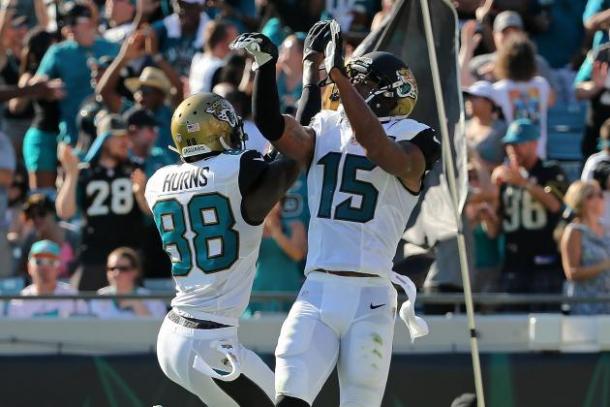 Allen Hurns (left) and Allen Robinson (right) celebrating after one of their combined 24 touchdowns in 2015 | Mike Ehrmann/Getty Images