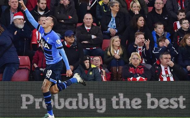 Alli celebrates his goal against Southampton earlier this season, but he can't play on Sunday (photo; Getty Images)