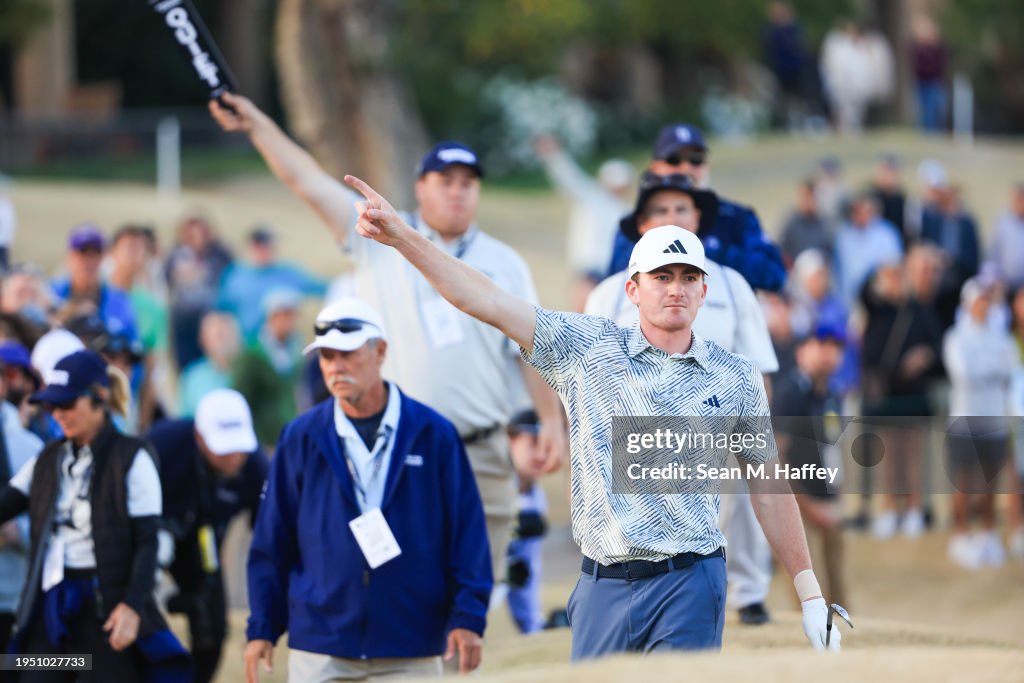 Nick Dunlap of the United States reacts to a shot from the 18th fairway during the final round of The American Express at Pete Dye Stadium Course on January 21, 2024 in La Quinta, California. (Photo by Sean M. Haffey/Getty Images)